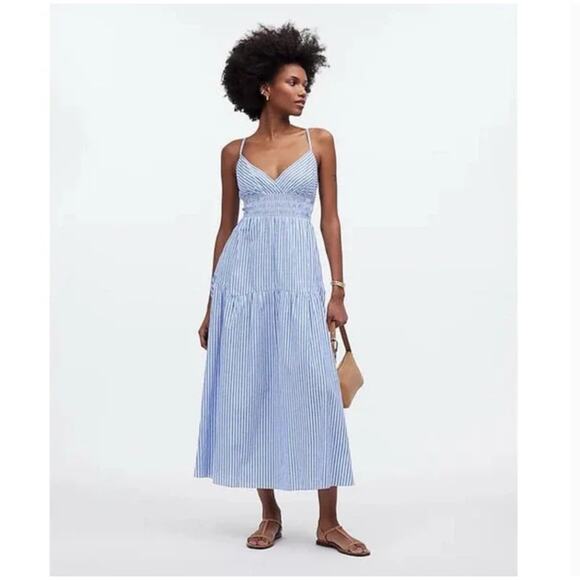 Madewell Empire Waist Tiered Striped Cross Back Maxi Dress 14 NWT Blue White - Picture 1 of 4